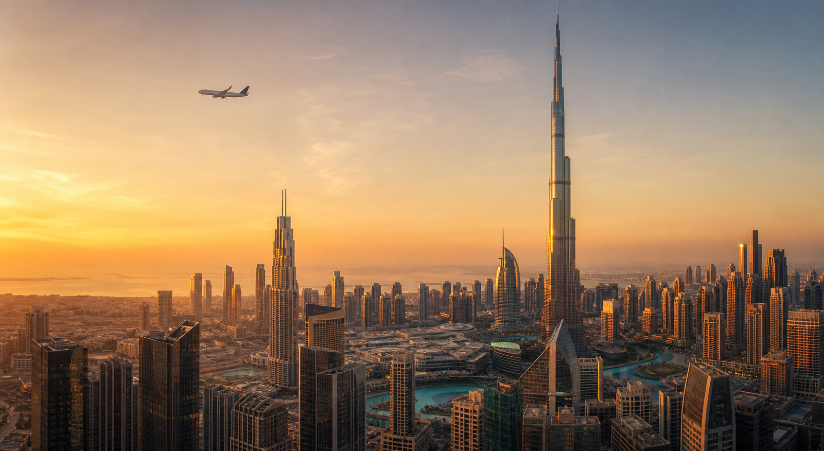 Dubai skyline with Burj Khalifa and an arriving passenger aircraft at golden hour